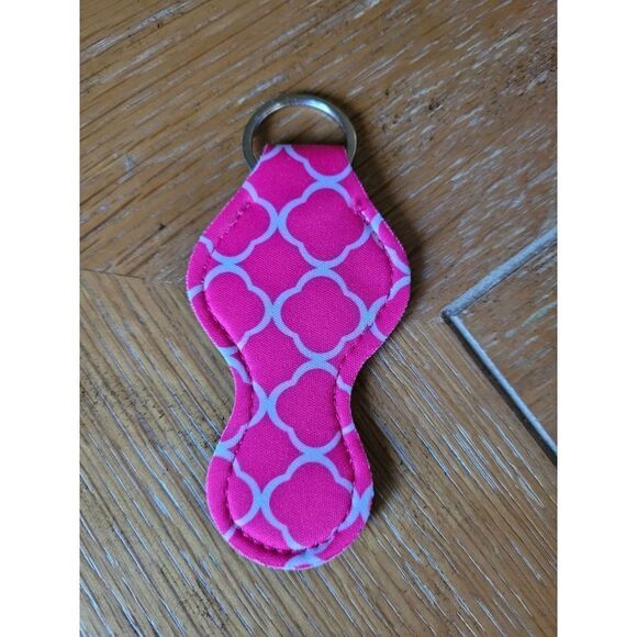 NEW Pink and White Neoprene Chapstick Holder Key Chain and chapstick - Picture 2 of 3